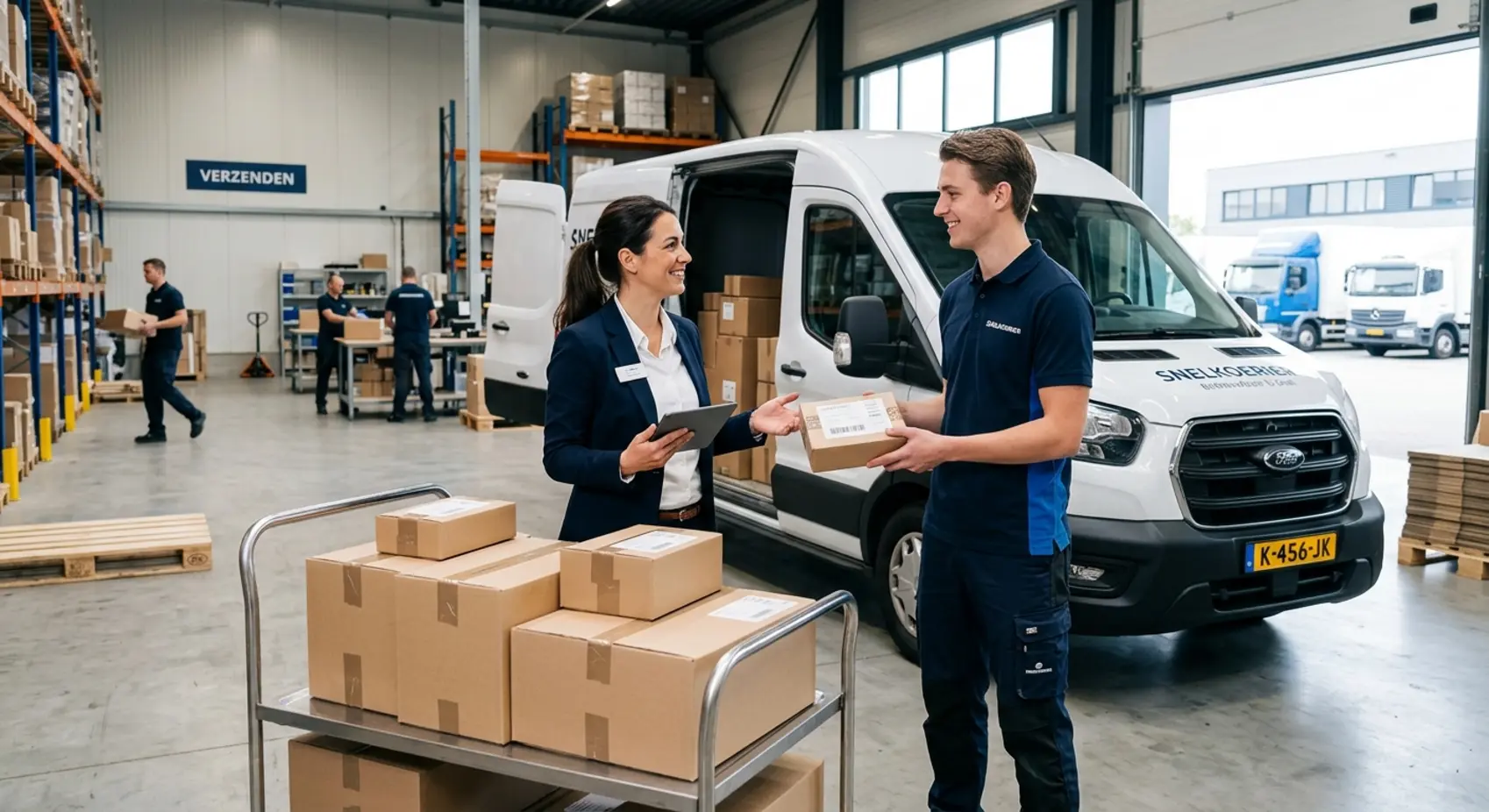 Een chauffeur van CCD levert een zakelijke zending af, wat direct de belangrijkste koeriersdienst inschakelen voordelen in de praktijk laat zien.