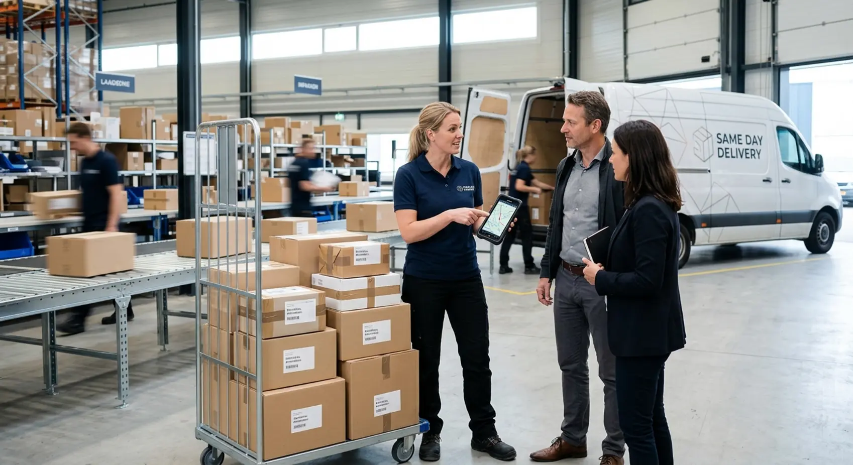 Een representatieve koerier overhandigt een spoedzending ter ondersteuning van deze same day delivery uitleg over zakelijk direct transport.