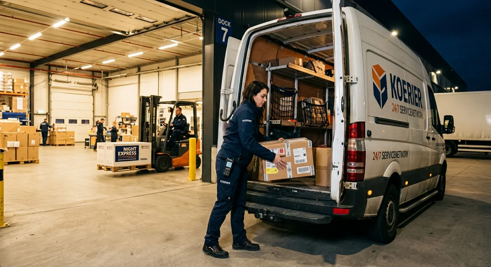 Een heldere 24/7 koeriersdienst uitleg met een professionele chauffeur die 's nachts een urgente zakelijke zending inlaadt.
