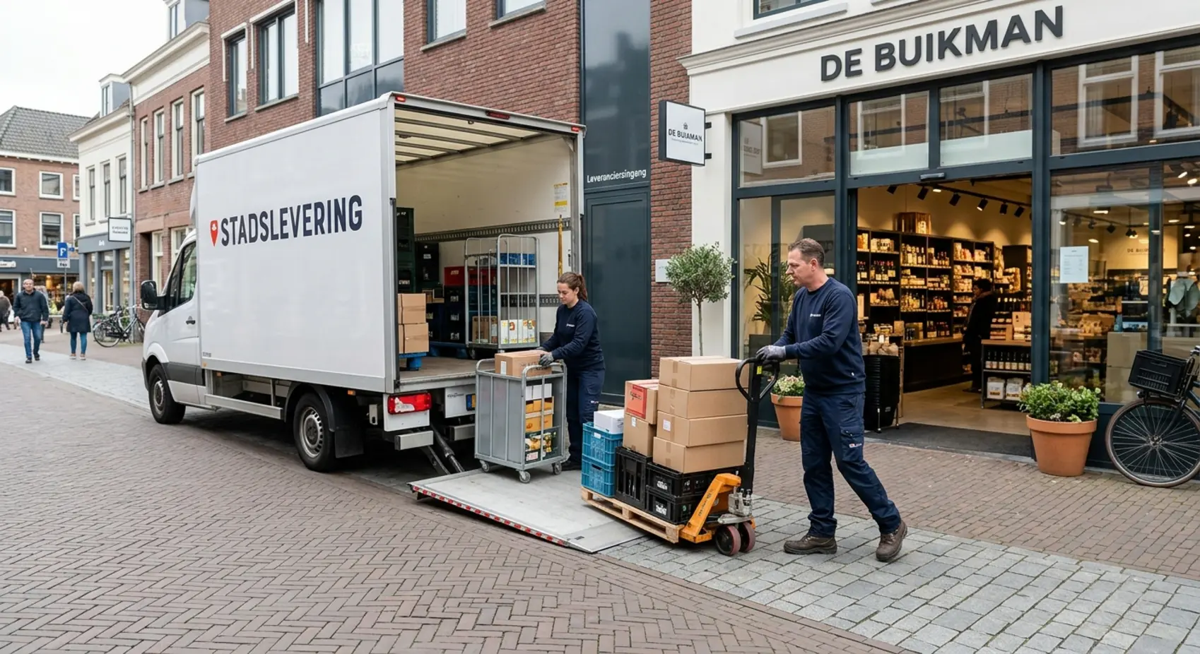 Een professionele koerier verzorgt een vlotte levering voor winkels door nieuwe voorraad af te leveren bij het magazijn van een filiaal.