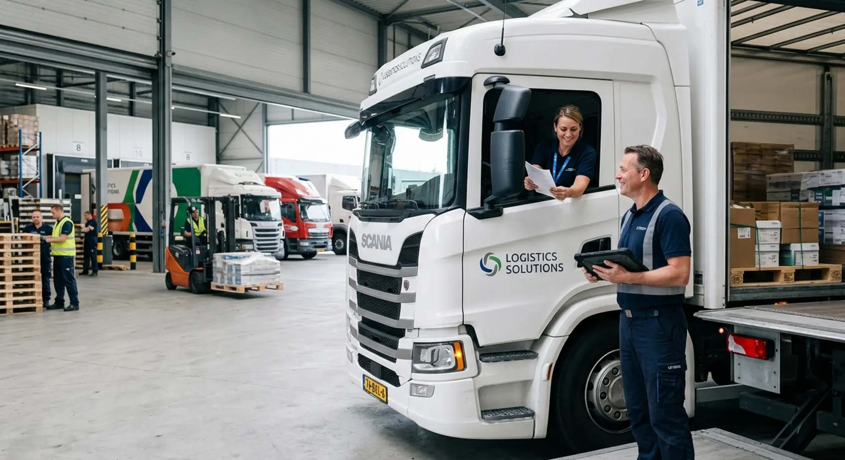 Een representatieve chauffeur in gesprek met een klant, wat de heldere communicatie en meerwaarde van een vaste logistieke partner laat zien.