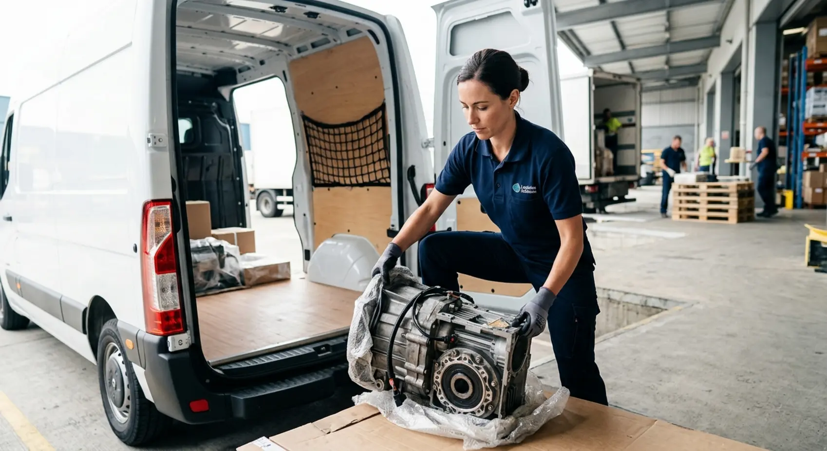 Een representatieve koerier van Coevorder Couriers Dienst laadt met spoed een hot shot delivery in een bestelbus.